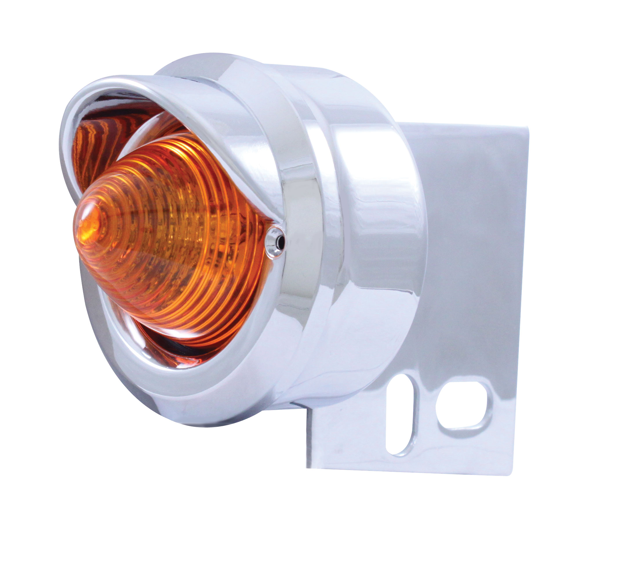 Chrome Universal Mud Flap Hanger End Light W/ 2" Incandescent Beehive Light W/ Visor - Amber Lens