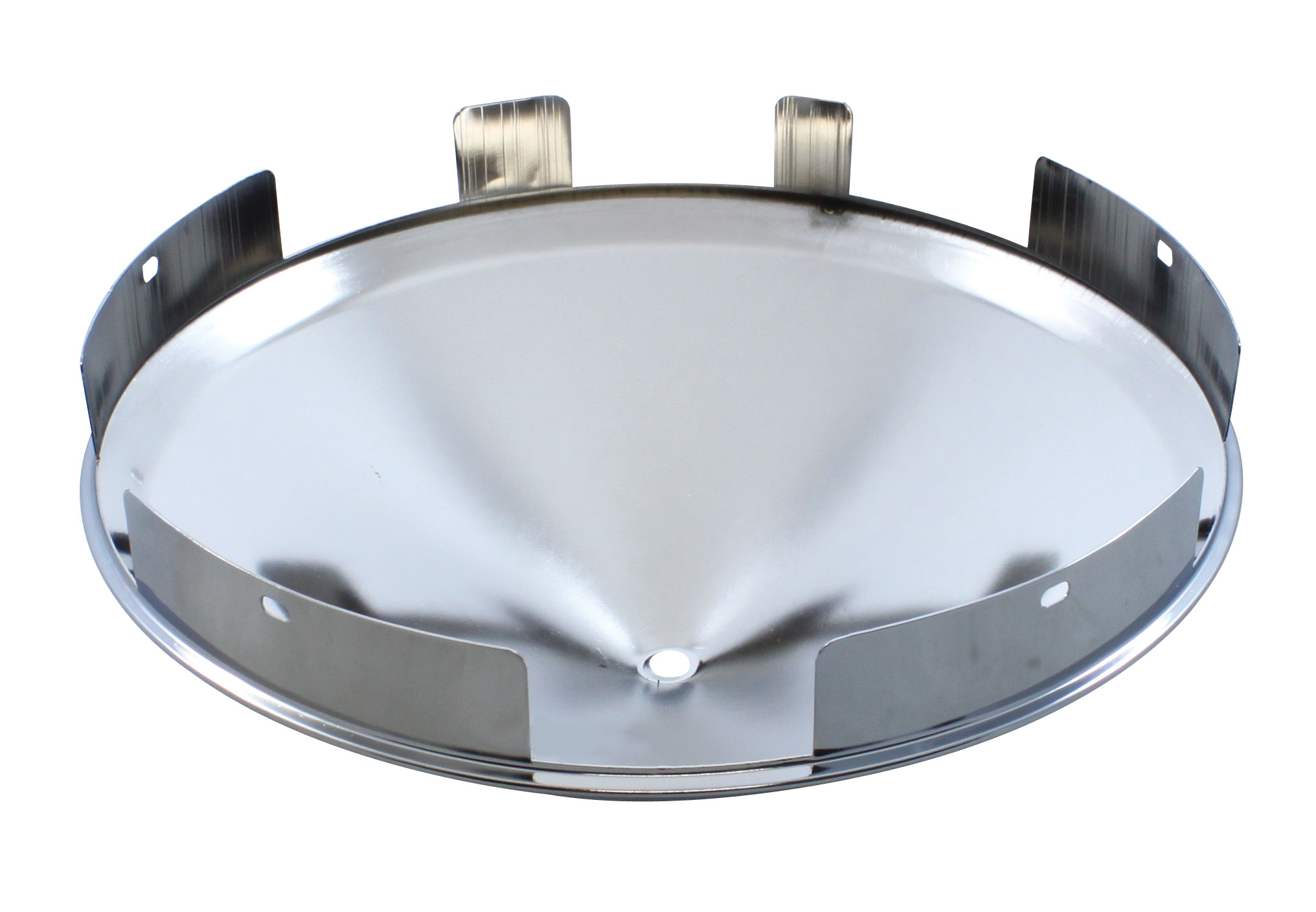 Chrome 1" Lip 6 Uneven Notch Front Hub Cap W/ 3 Bar Straight Spinner
