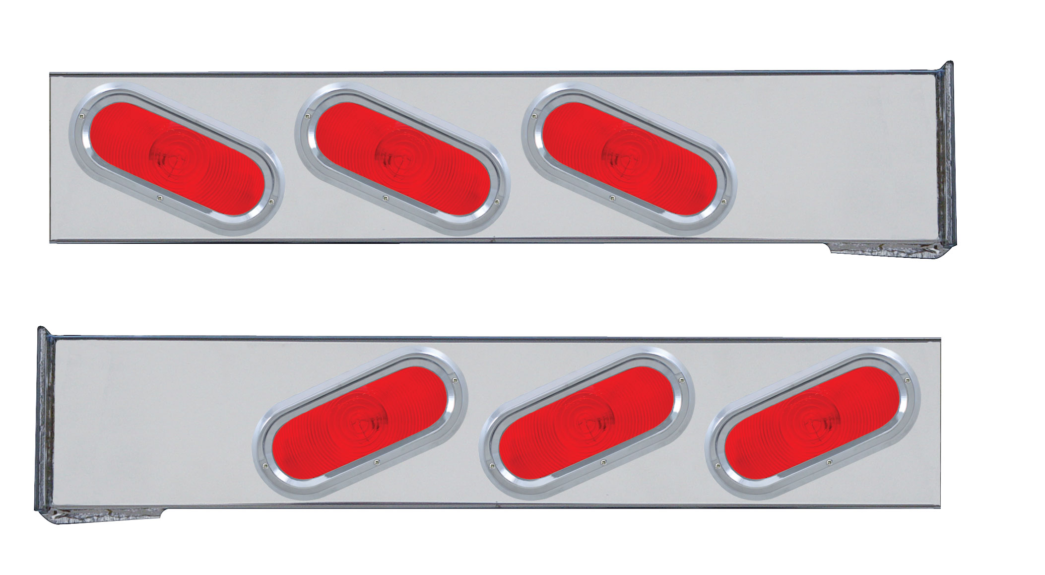 (2/Bulk) Stainless Steel 2 Pcs. Rear Light Bar W/ 6 Slanted Oval Red Incandescent Light W/ Visor - 4 Hole Flange Mount