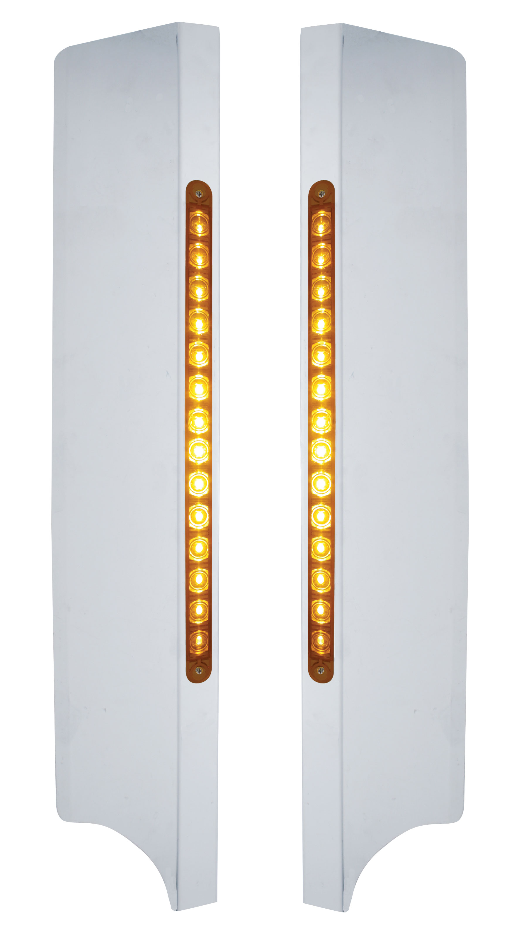 (2/Box) Stainless Steel Peterbilt 379 Side Grill Deflector W/ Two 14 Led 12" Light Bars - Amber Led/Amber Lens