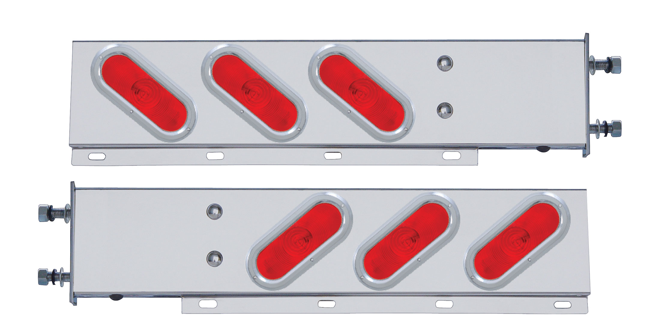 (2/Bulk) 430 Stainless Steel Spring Loaded Rear Lt Bar W/ 6 Slanted Up Incand. Oval Red Lt W/ Bezel - 3 3/4" Oval B.P.