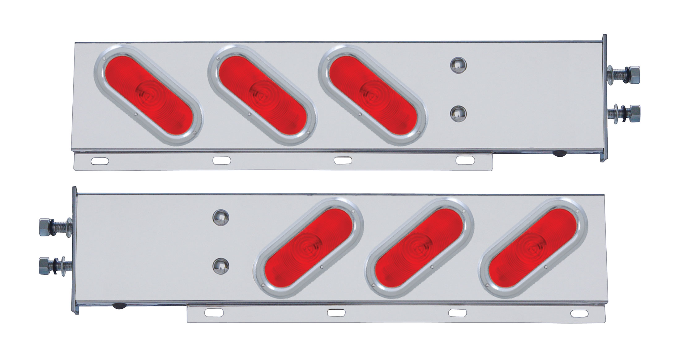(2/Bulk) 430 Stainless Steel Spring Loaded Rear Lt Bar W/ 6 Slanted Up Incand. Oval Red Lt W/ Bezel - 2 1/2" Oval B.P.