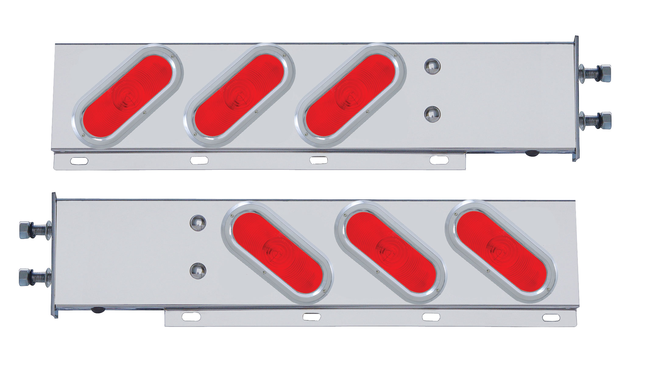 (2/Bulk) Stainless Steel Spring Loaded Rear Lt Bar W/ 6 Slanted Down Incand. Oval Red Lt W/ Bezel - 3 3/4" Oval B.P.