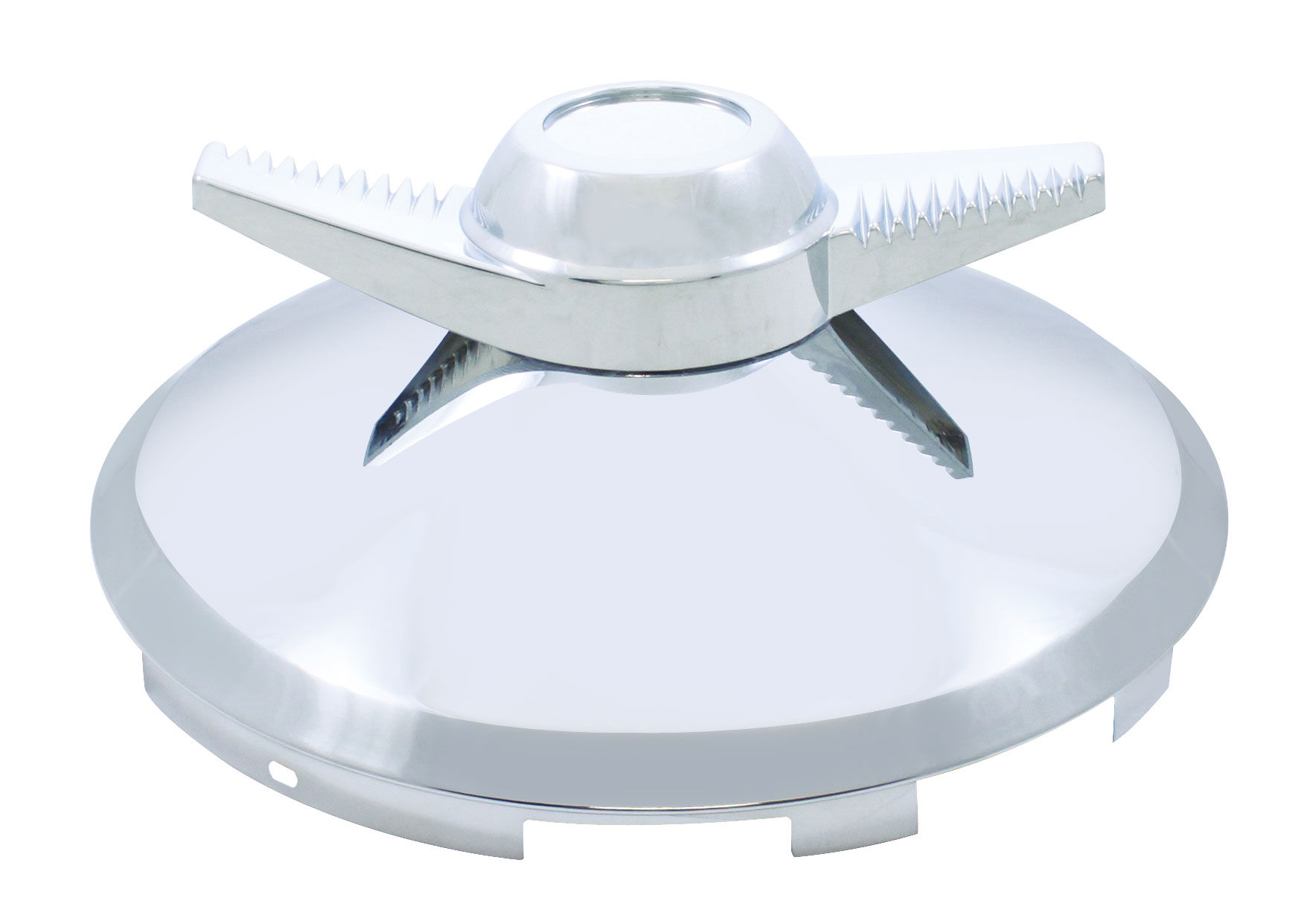 Stainless Steel 7/16" Lip 6 Uneven Notch Front Hub Cap W/ 2 Bar Spinner