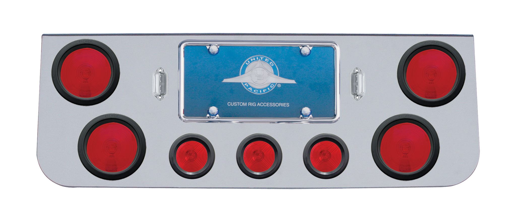 Deluxe Chrome Steel Rear Center Lt Panel W/ Four 4" & Three 2 1/2" Incandescent Flat Lt W/ Grommet - Red Lens