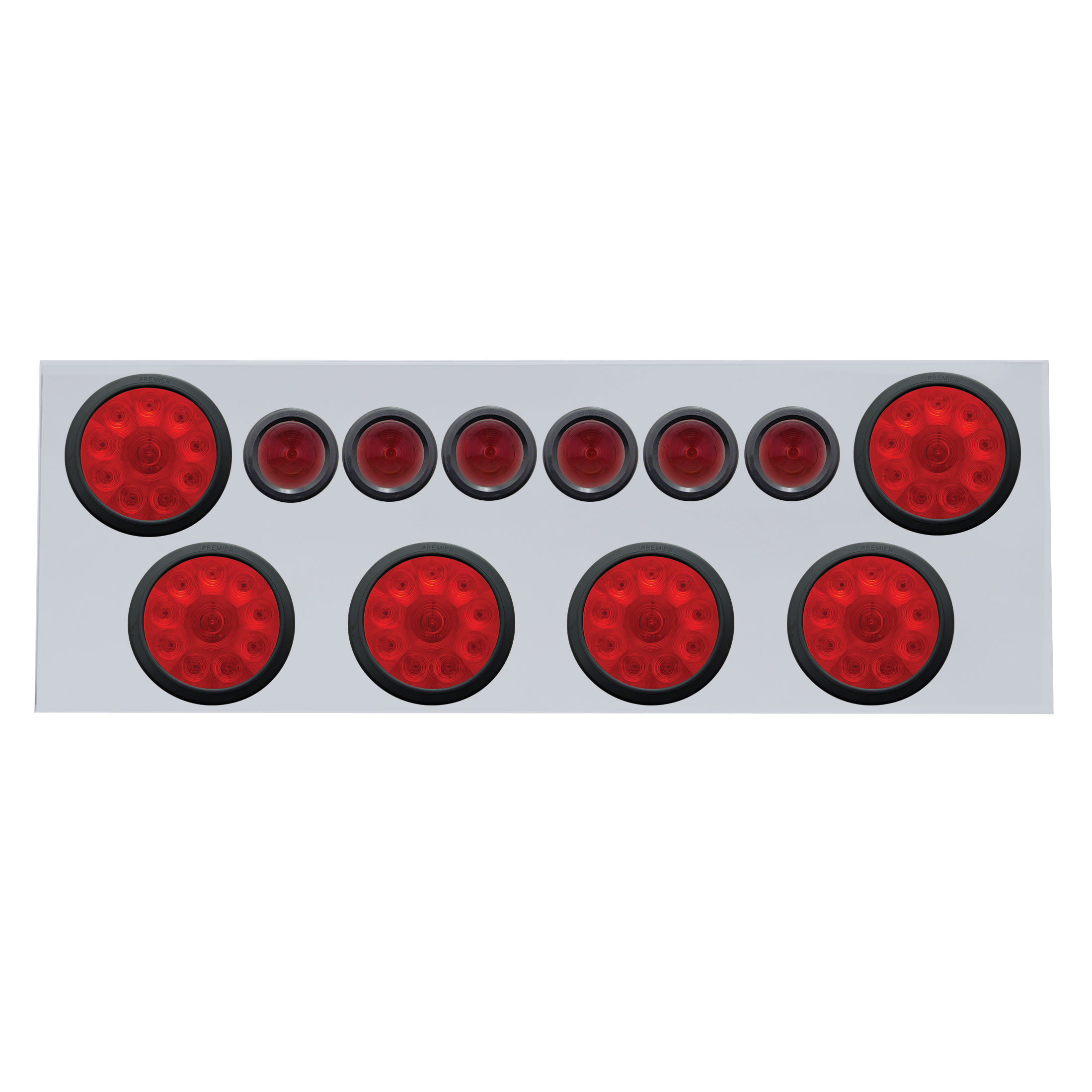Stainless Steel Rear Center Light Panel W/ Six 19 Led 4" Light & Six 9 Led 2" Beehive Light - Red Led/Red Lens