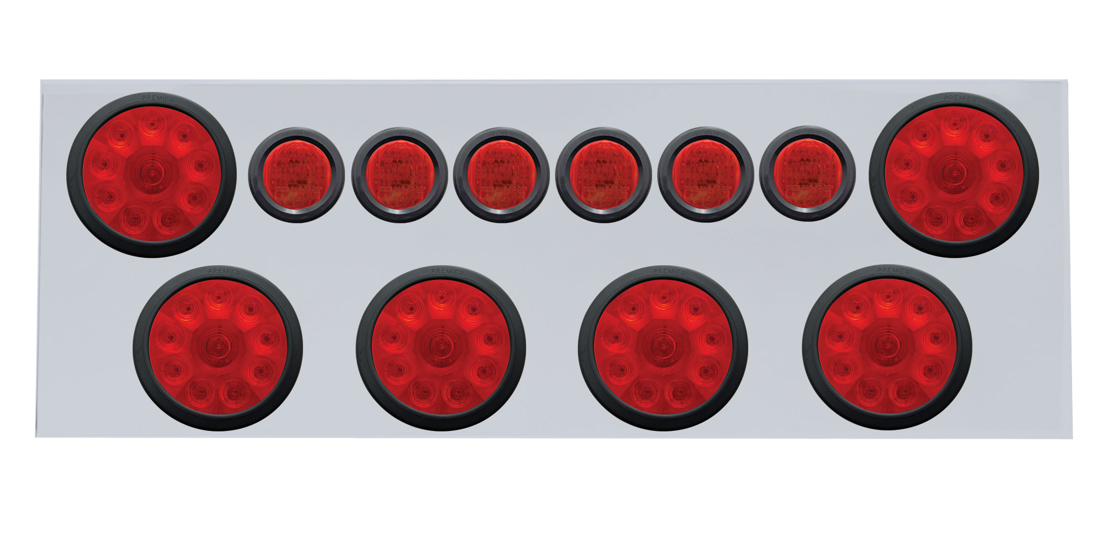 Stainless Steel Rear Center Light Panel W/ Six 19 Led 4" Light & Six 9 Led 2" Flat Light - Red Led/Red Lens