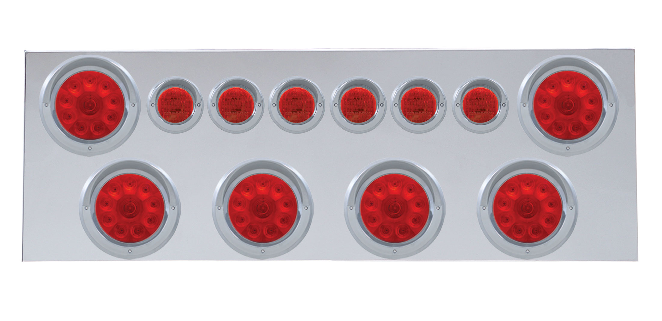 Stainless Steel Rear Center Light Panel W/ Six 19 Led 4" Light & Six 9 Led 2" Flat Light - Red Led/Red Lens W/ Visor