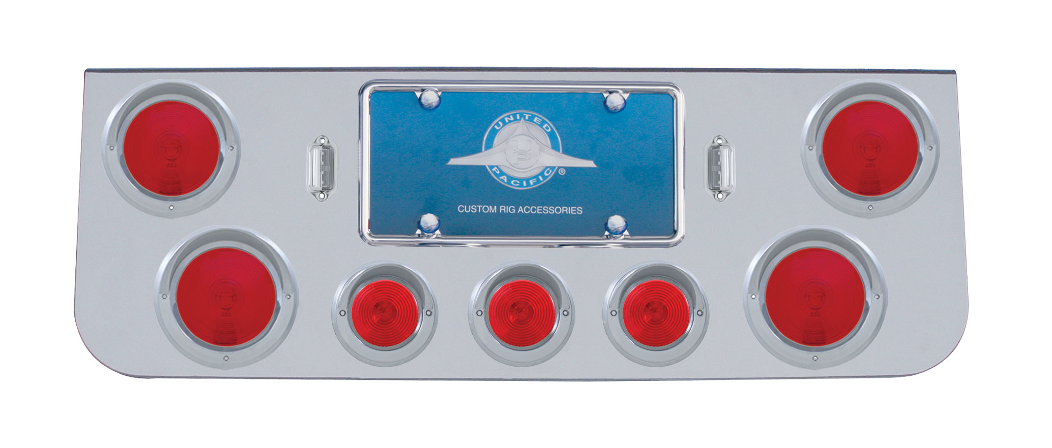 Deluxe Chrome Steel Rear Center Lt Panel W/ Four 4" & Three 2 1/2" Incandescent Flat Lt W/ Visor - Red Lens