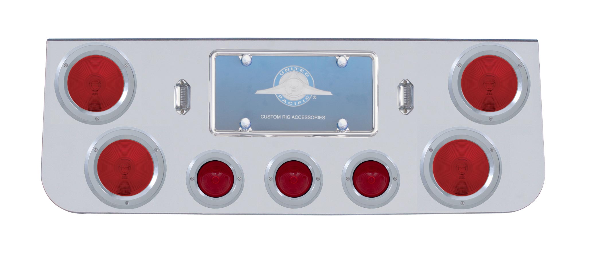 Deluxe Chrome Steel Rear Center Lt Panel W/ Four 4" & Three 2 1/2" Incandescent Beehive Lt W/ Bezel - Red Lens