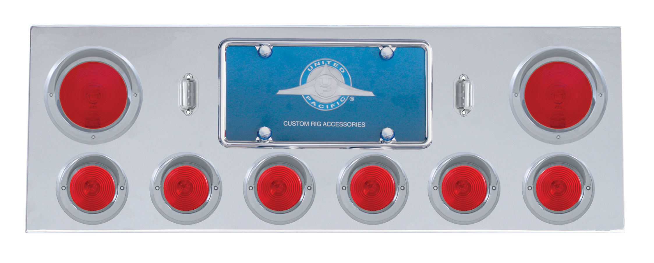 Stainless Steel Rear Center Light Panel W/ Two 4" & Six 2 1/2" Incandescent Flat Light W/ Visor - Red Lens