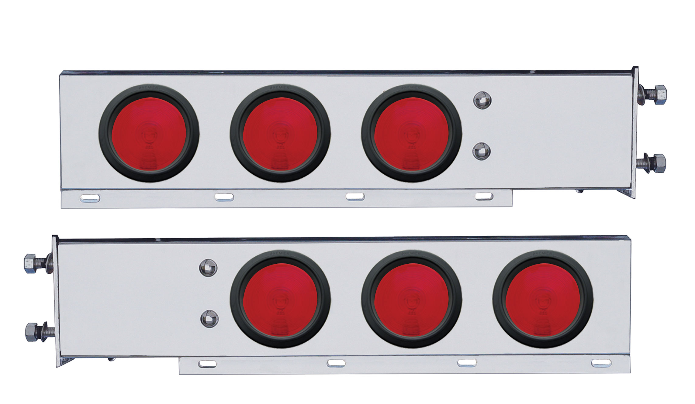 (2/Bulk) Stainless Steel Spring Loaded Rear Lt Bar W/ Six 4" Round Red Incandescent Lt - 3 3/4" Bolt Pattern