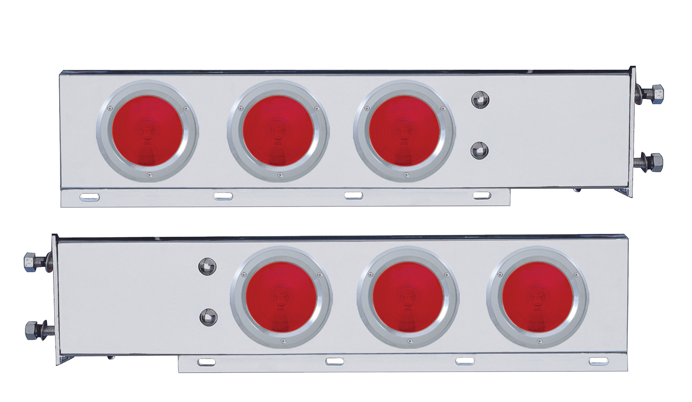 (2/Bulk) Stainless Steel Spring Loaded Rear Lt Bar W/ Six 4" Round Red Incandescent Lt W/ Bezel - 3 3/4" B.P.