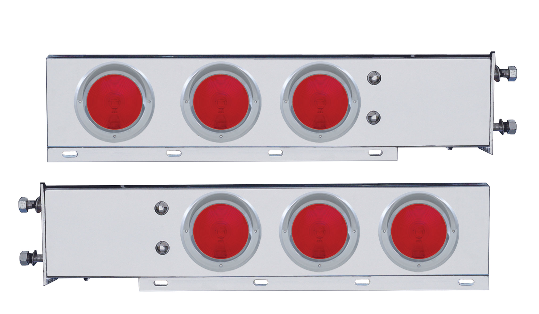 (2/Bulk) 430 Stainless Steel Spring Loaded Rear Lt Bar W/ Six 4" Round Red Incandescent Lt W/ Visor - 3 3/4" Bolt Pattern