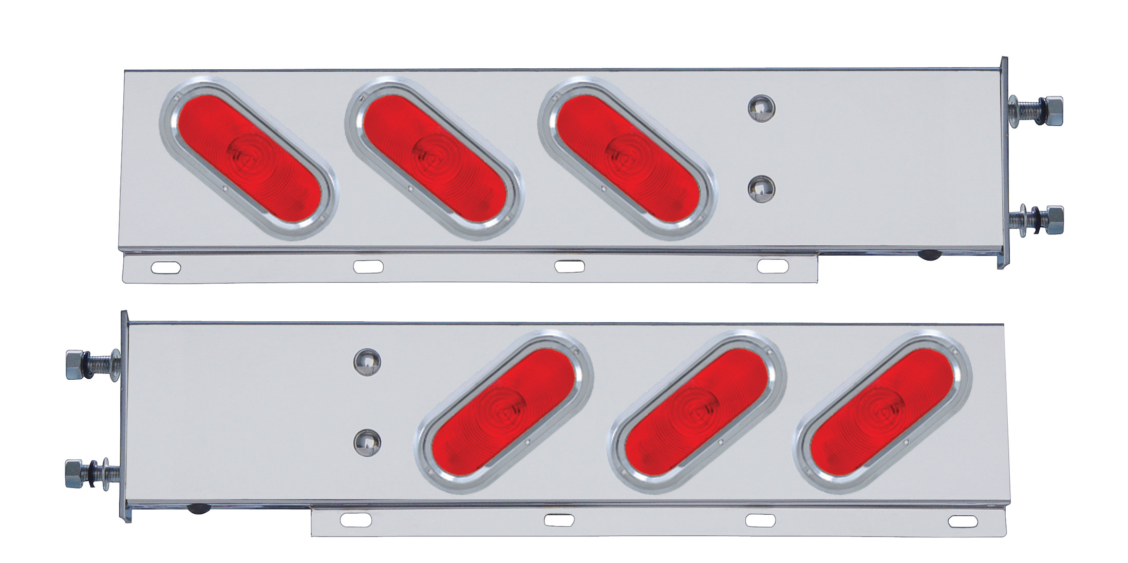 (2/Bulk) 430 Stainless Steel Spring Loaded Rear Lt Bar W/ 6 Slanted Up Oval Red Incandescent Lt W/ Visor - 3 3/4" Bolt Pattern