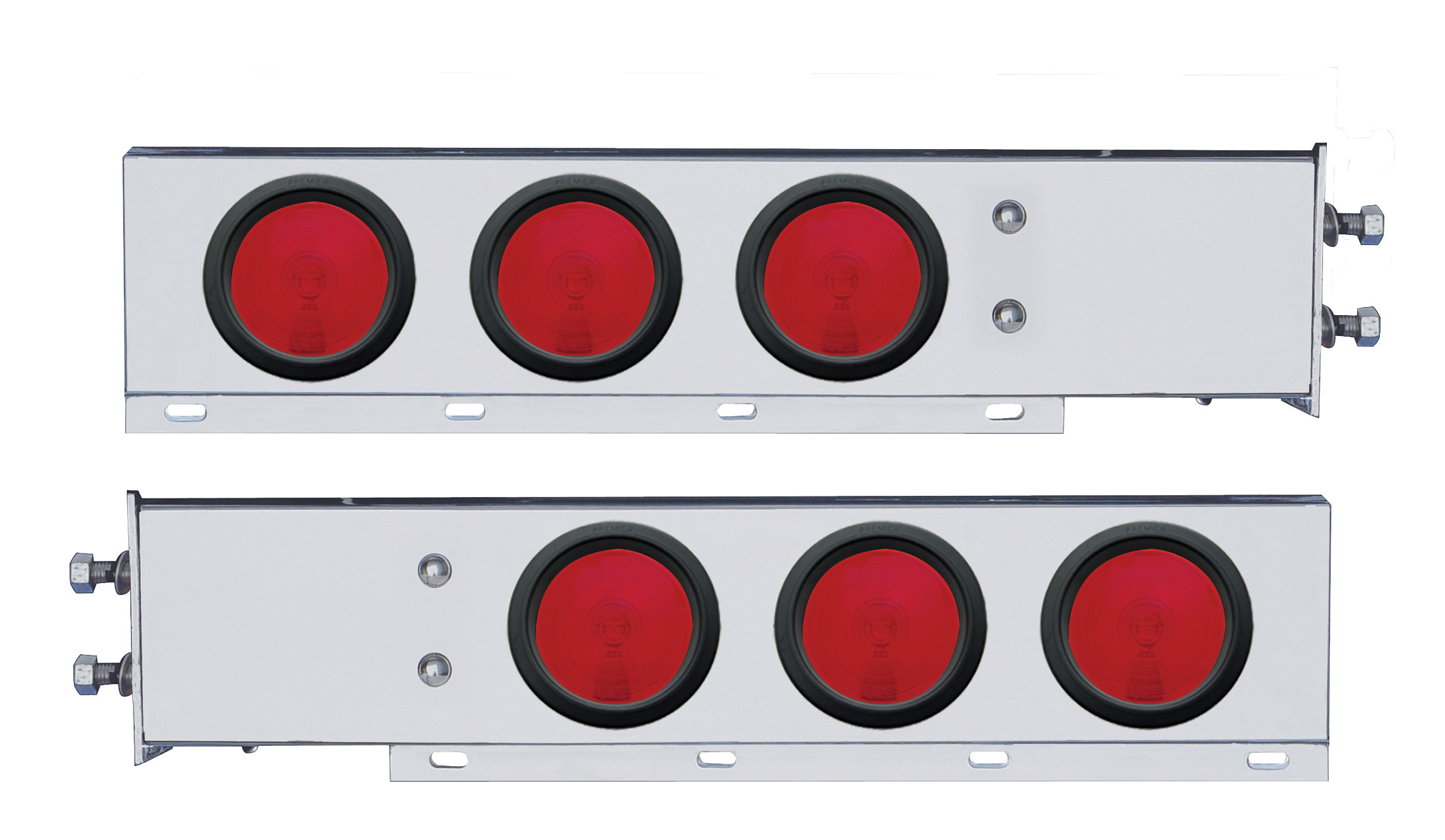 (2/Bulk) 430 Stainless Steel Spring Loaded Rear Lt Bar W/ Six 4" Round Red Incandescent Lt - 2" Bolt Pattern