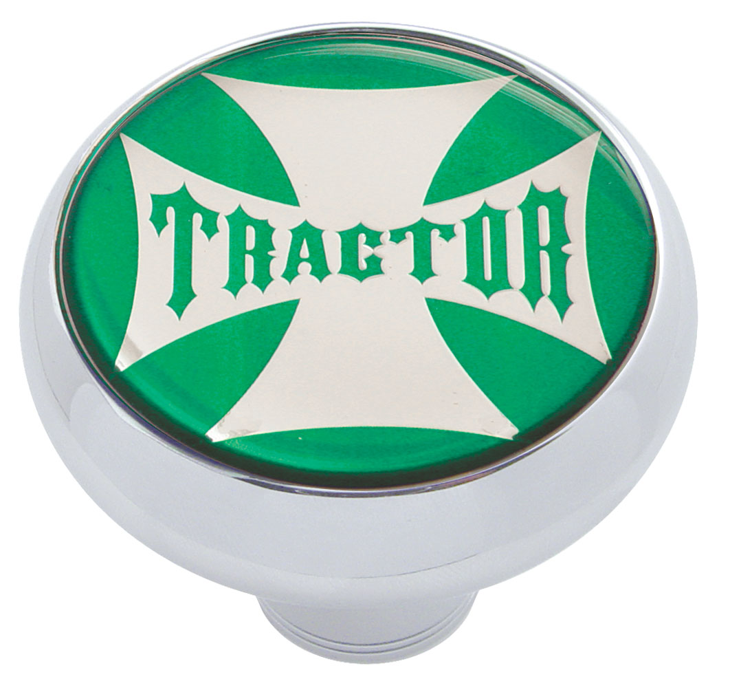 Chrome Deluxe Air Valve Knob W/ Glossy "Tractor" Maltese Cross Sticker - Green
