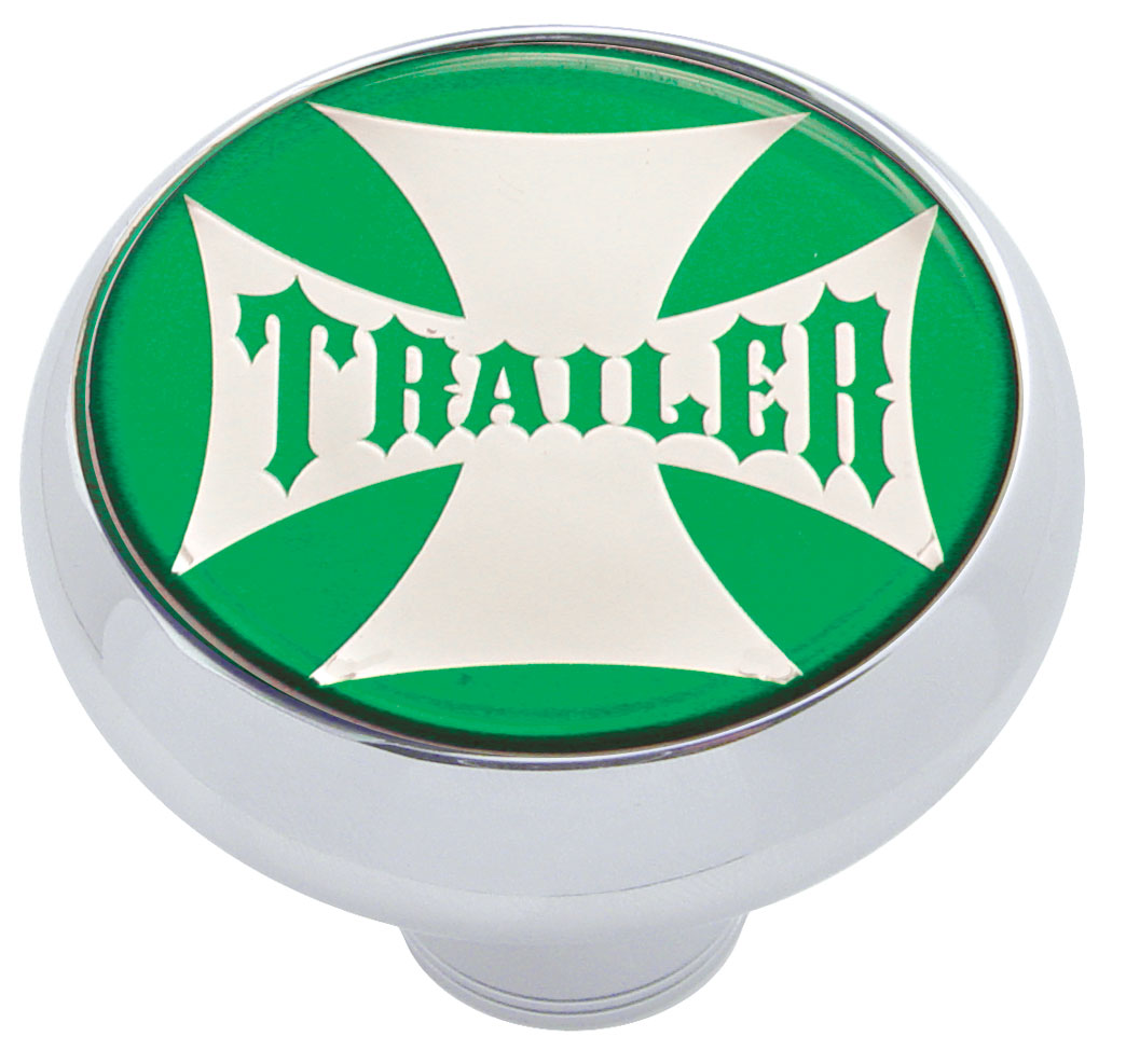 Chrome Deluxe Air Valve Knob W/ Glossy "Trailer" Maltese Cross Sticker - Green