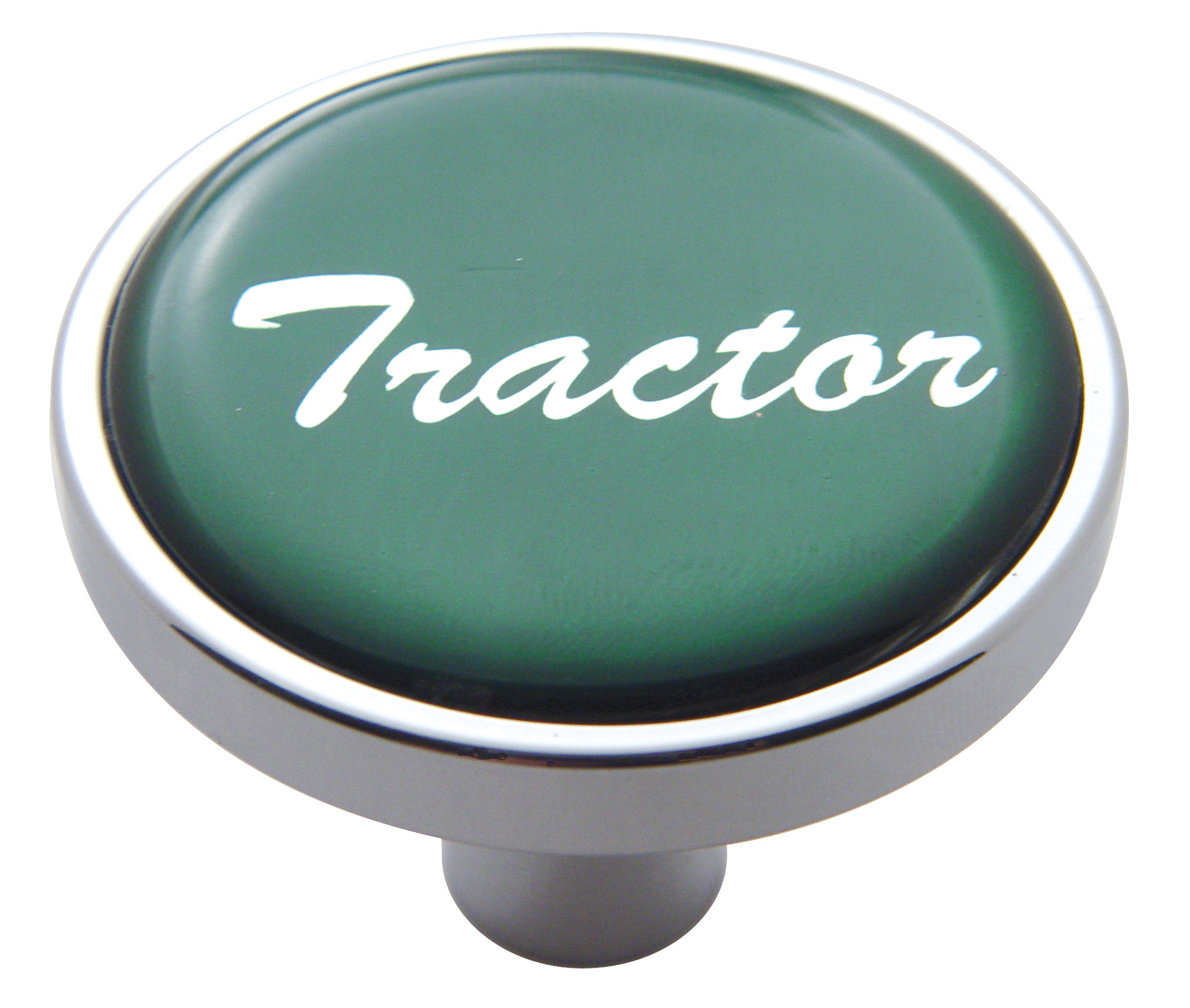 Chrome Short Pin Mount Air Valve Knob W/ Glossy "Tractor" Sticker - Green