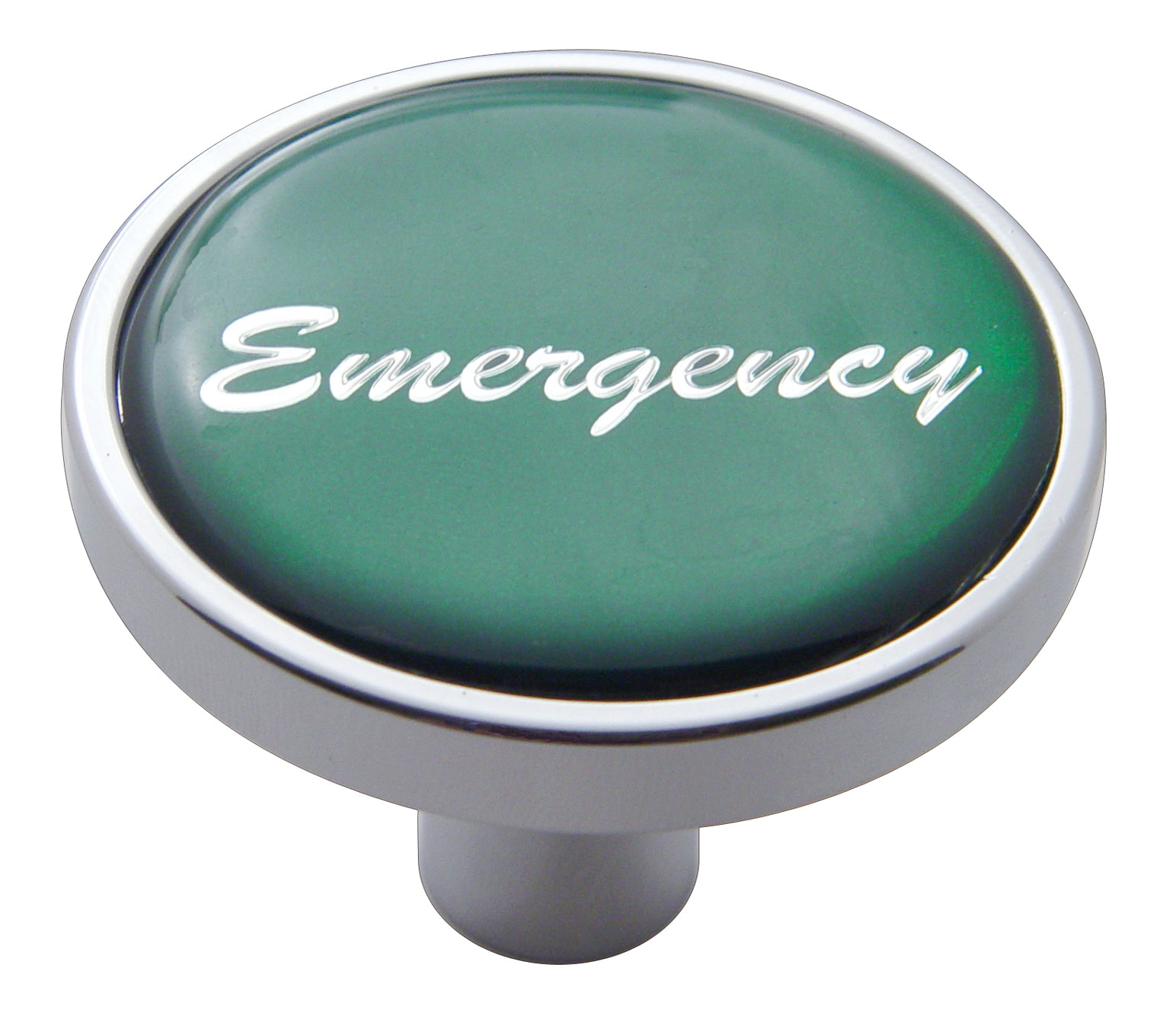 Chrome Short Pin Mount Air Valve Knob W/ Glossy "Emergency" Sticker - Green