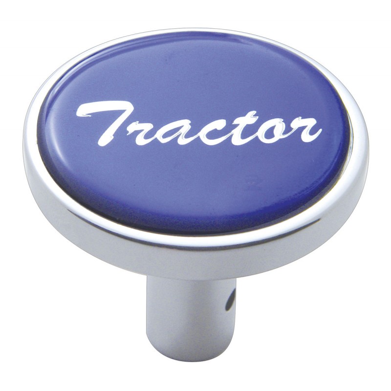 Chrome Long Pin Mount Air Valve Knob W/ Glossy "Tractor" Sticker - Blue