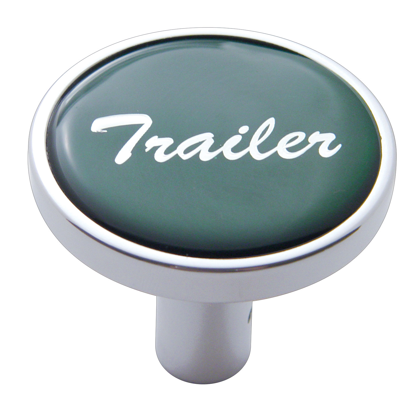 Chrome Long Pin Mount Air Valve Knob W/ Glossy "Trailer" Sticker - Green