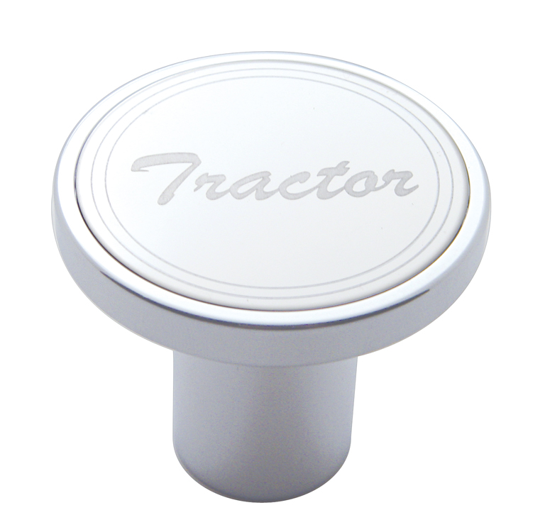 Chrome Air Valve Knob W/ Stainless Steel "Tractor" Plaque - Cursive Script