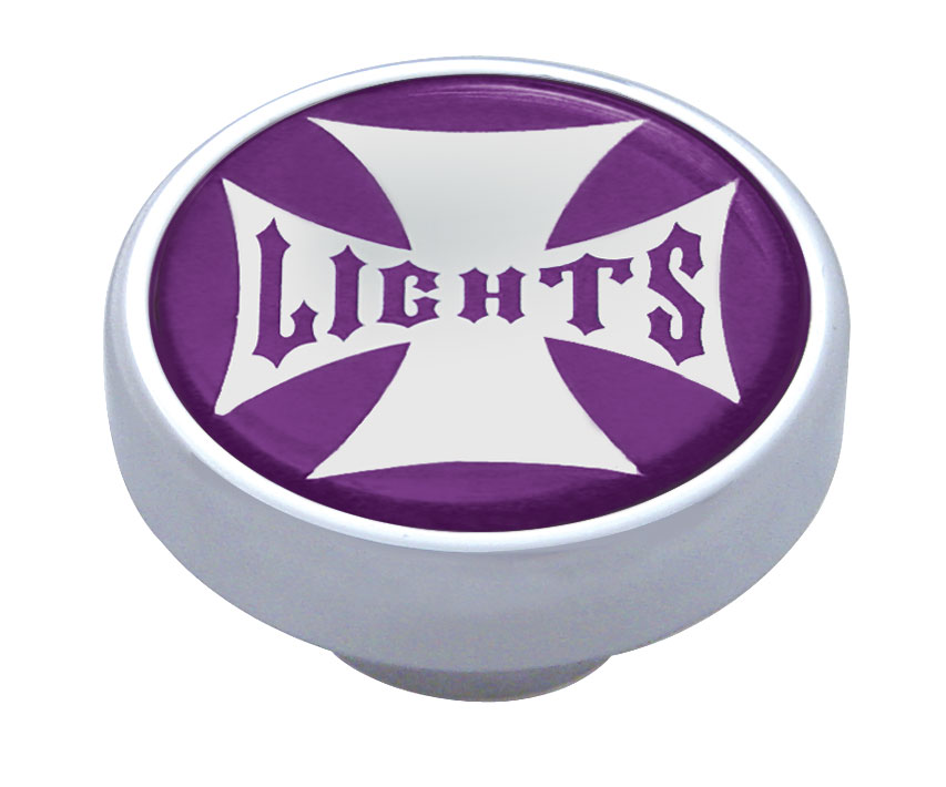 Chrome Dash Knob W/ Glossy "Panel Lights" Maltese Cross Sticker - Purple