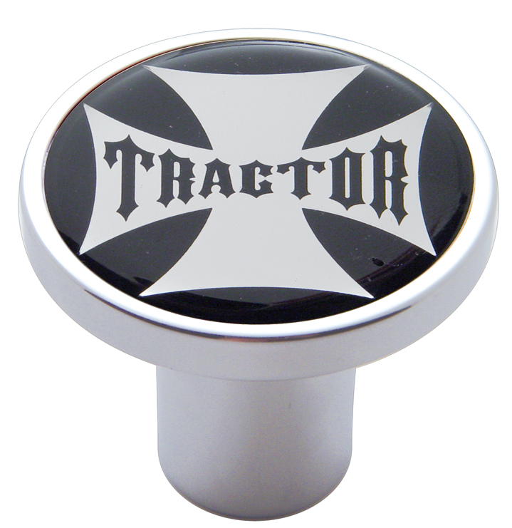 Chrome Air Valve Knob W/ Glossy "Tractor" Maltese Cross Sticker - Black