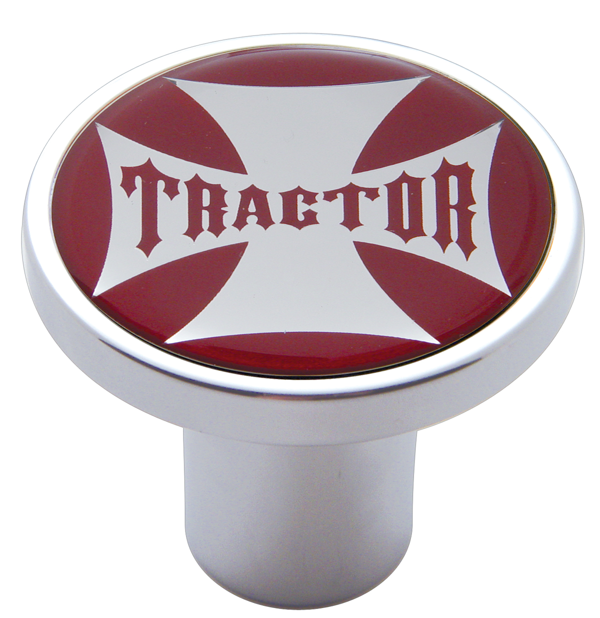 Chrome Air Valve Knob W/ Glossy "Tractor" Maltese Cross Sticker - Red