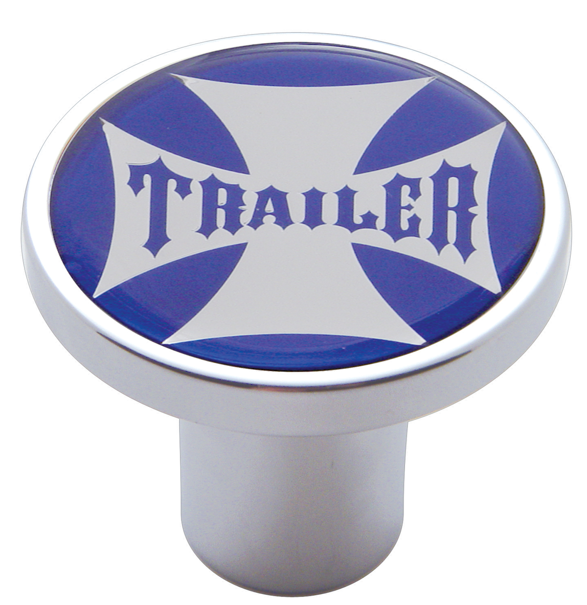 Chrome Air Valve Knob W/ Glossy "Trailer" Maltese Cross Sticker - Blue