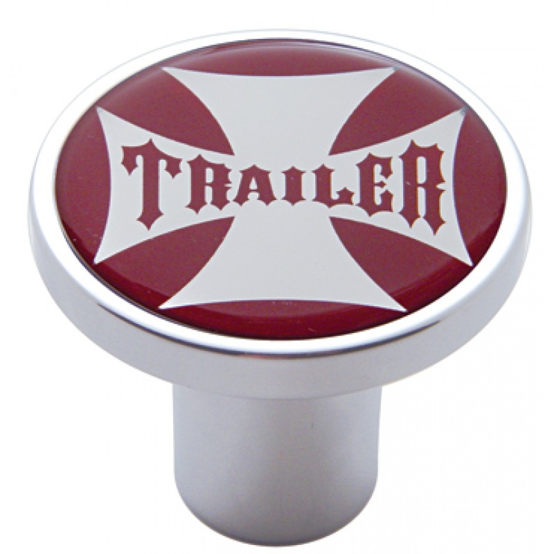 Chrome Air Valve Knob W/ Glossy "Trailer" Maltese Cross Sticker - Red