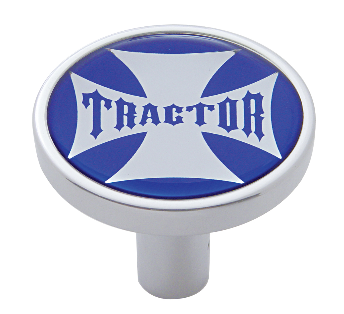 Chrome Long Pin Mount Air Valve Knob W/ Glossy " Tractor" Sticker - Blue