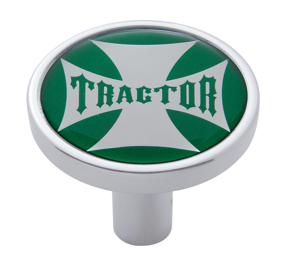 Chrome Long Pin Mount Air Valve Knob W/ Glossy " Tractor" Sticker - Green