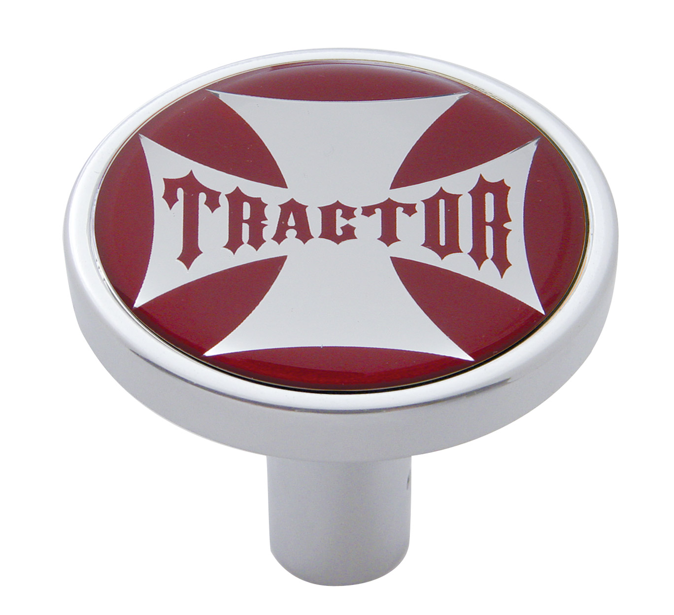 Chrome Long Pin Mount Air Valve Knob W/ Glossy " Tractor" Sticker - Red