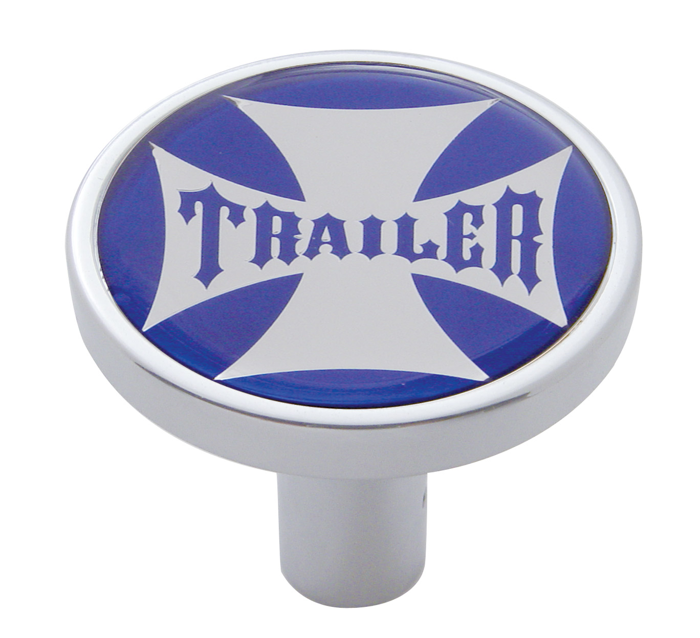 Chrome Long Pin Mount Air Valve Knob W/ Glossy "Trailer" Sticker - Blue