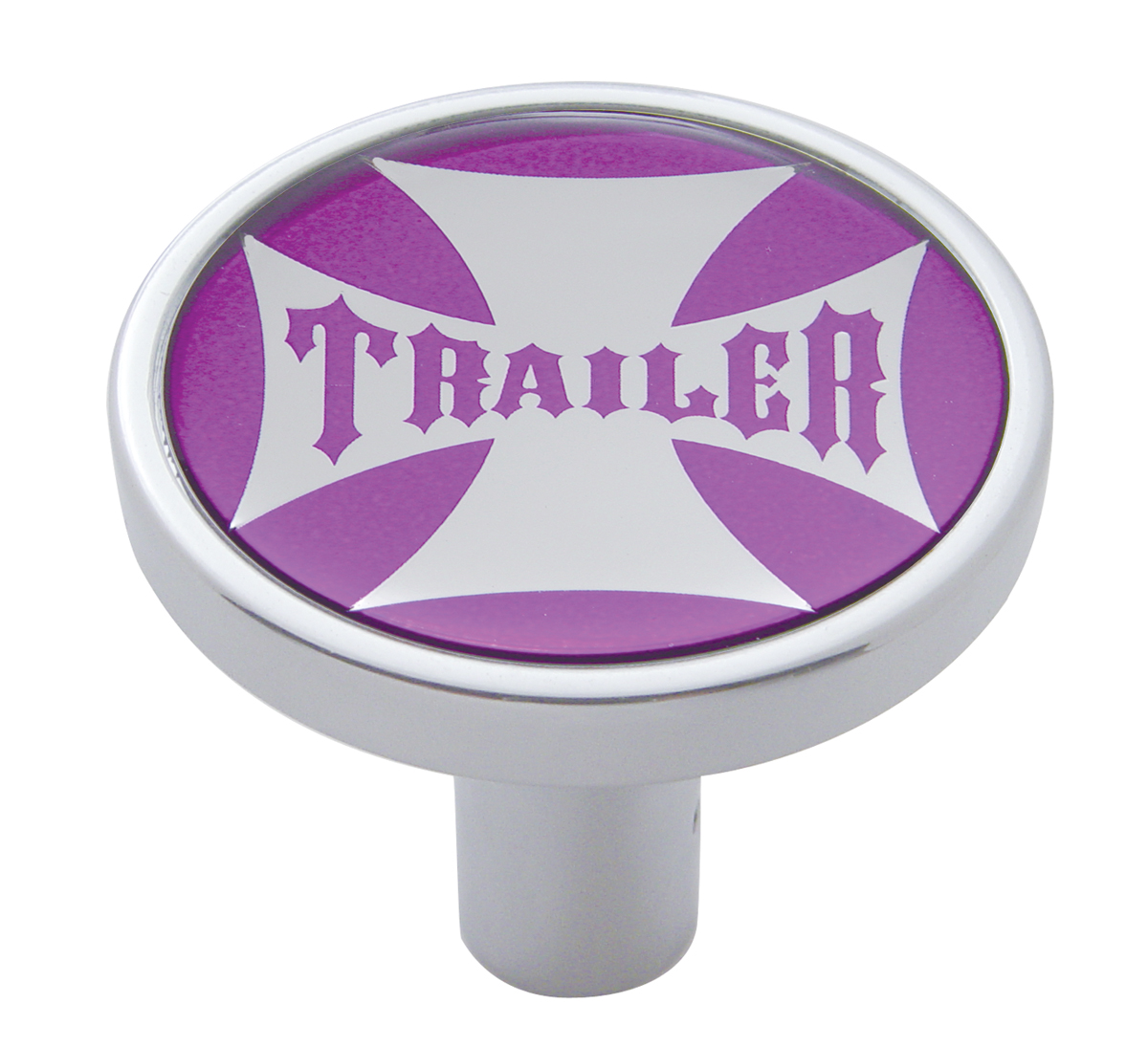 Chrome Long Pin Mount Air Valve Knob W/ Glossy "Trailer" Sticker - Purple