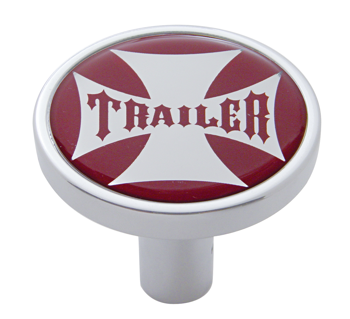 Chrome Long Pin Mount Air Valve Knob W/ Glossy "Trailer" Sticker - Red