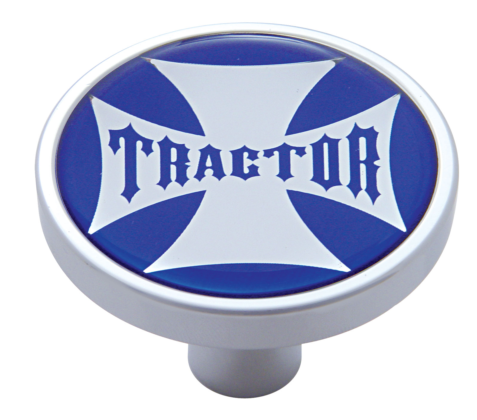 Chrome Short Pin Mount Air Valve Knob W/ Glossy "Tractor" Sticker - Blue
