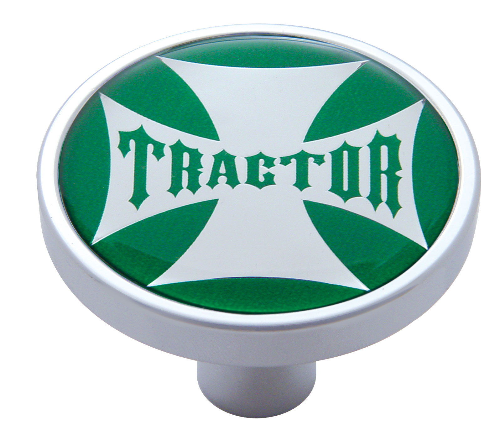 Chrome Short Pin Mount Air Valve Knob W/ Glossy "Tractor" Sticker - Green