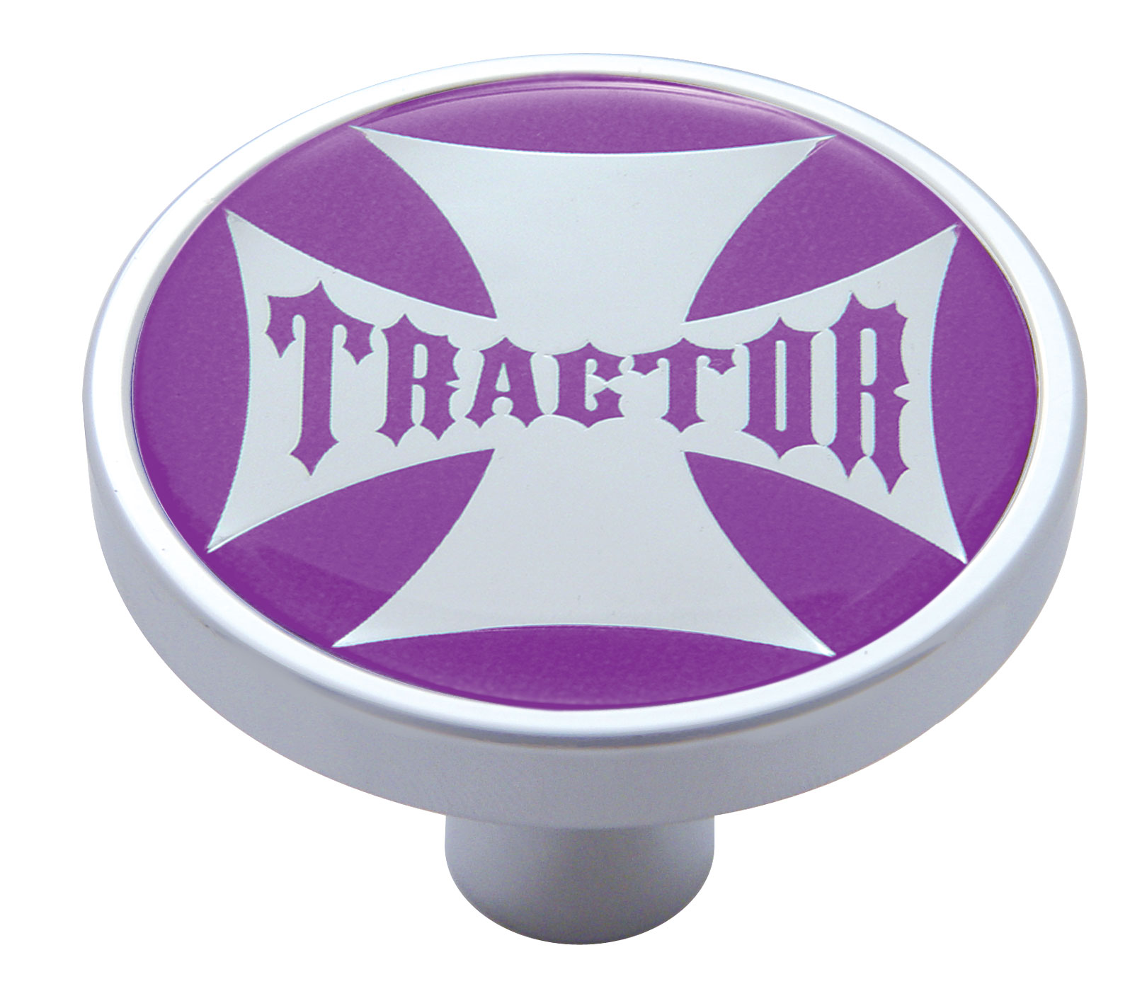Chrome Short Pin Mount Air Valve Knob W/ Glossy "Tractor" Sticker - Purple