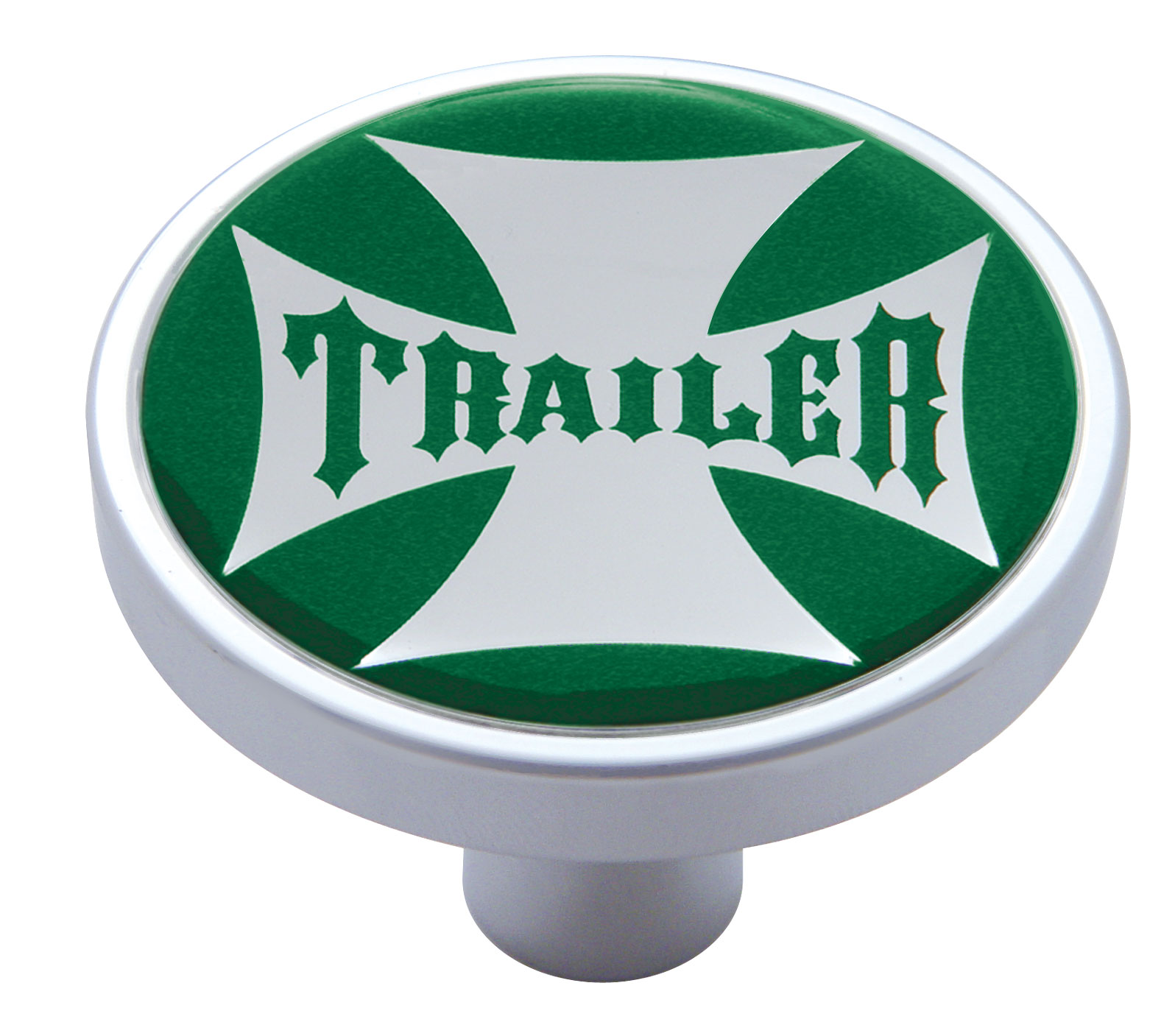 Chrome Short Pin Mount Air Valve Knob W/ Glossy "Trailer" Sticker - Green