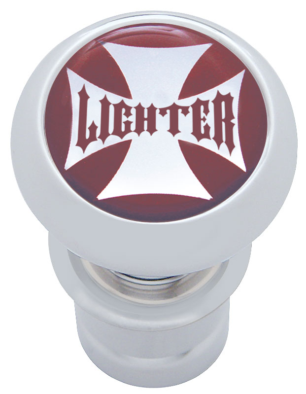 Chrome Aluminum Deluxe Cigarette Lighter W/ Glossy "Lighter" Maltese Cross Sticker - Red