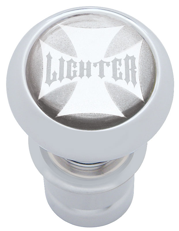Chrome Aluminum Deluxe Cigarette Lighter W/ Glossy "Lighter" Maltese Cross Sticker - Silver