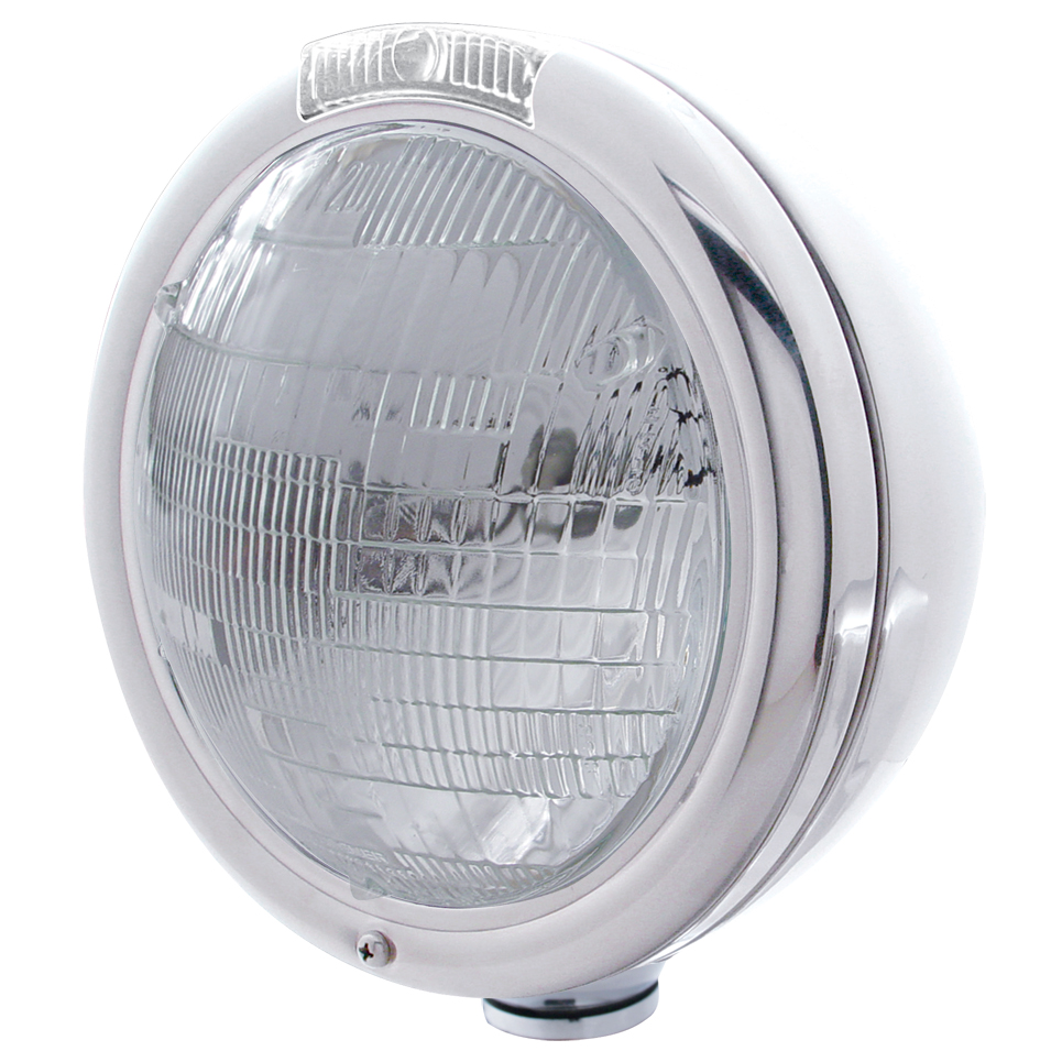 Stainless Steel "Classic" Peterbilt 6014 Sealed Beam Headlight W/ Incandescent Signal Light - Clear