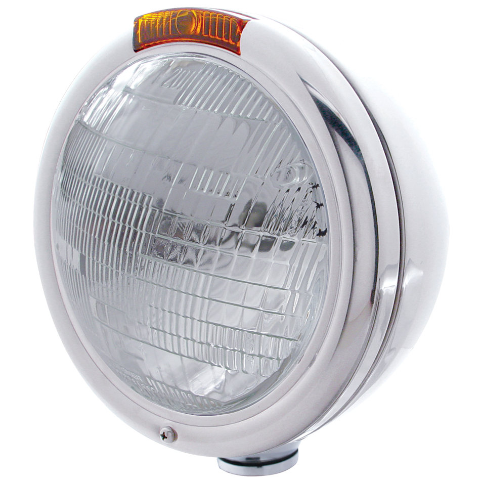 Chrome "Classic" Peterbilt 6014 Sealed Beam Headlight W/ Incandescent Signal Light - Amber