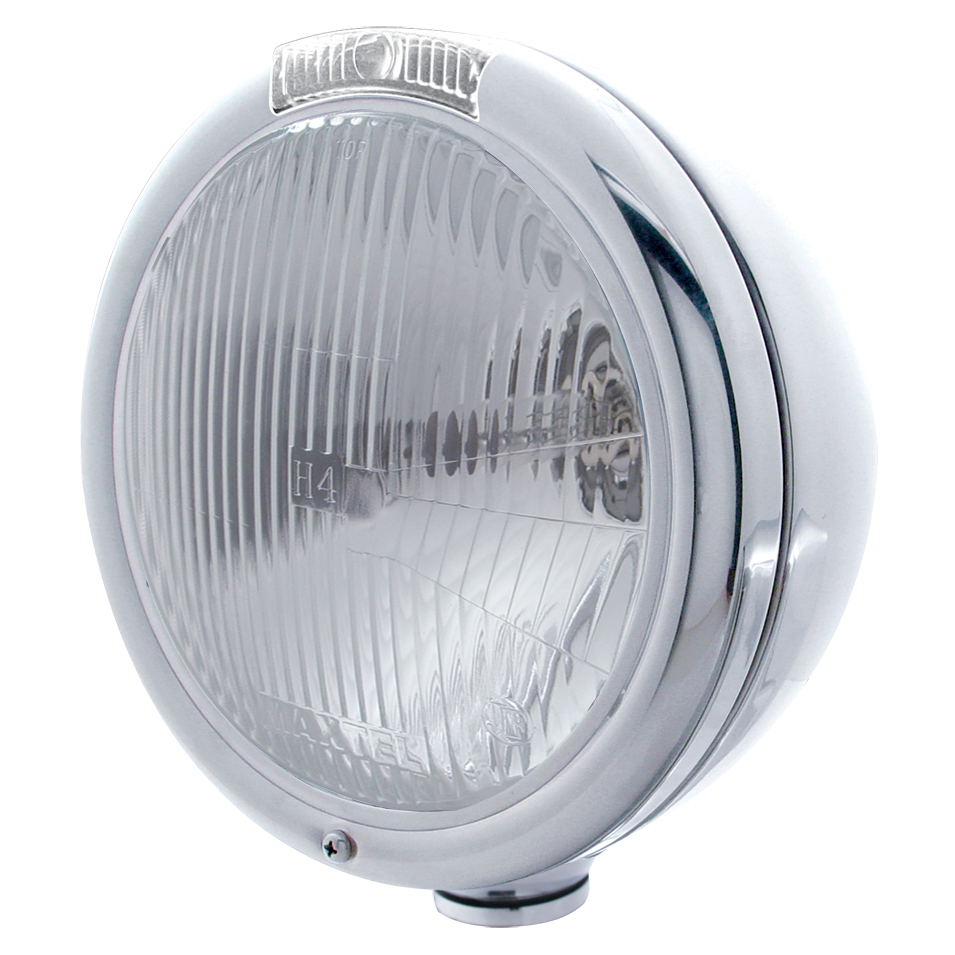 Stainless Steel "Classic" Peterbilt H4 Halogen Headlight W/ Incandescent Signal Light - Clear