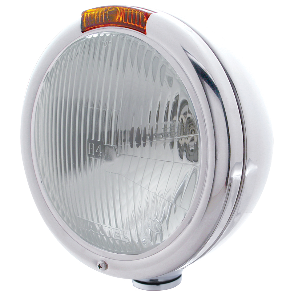 Chrome "Classic" Peterbilt H4 Halogen Headlight W/ Incandescent Signal Light - Amber