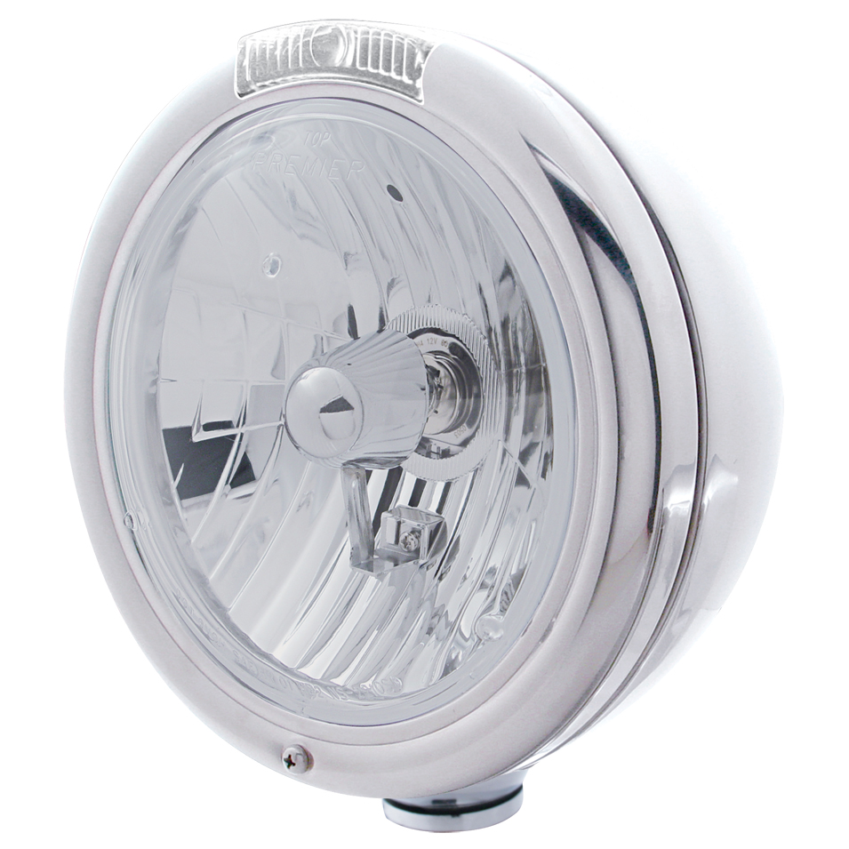 Stainless Steel "Classic" Peterbilt Crystal H4 Halogen Headlight W/ Incandescent Signal Light - Clear