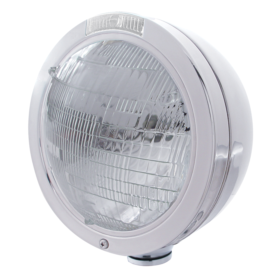 Stainless Steel Peterbilt "Bullet" 6014 Sealed Beam Headlight W/ 4 Amber Led Signal Light - Clear Lens